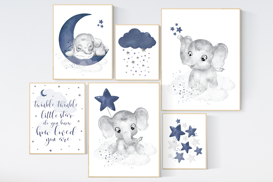 Nursery decor boy elephant, navy nursery wall art, cloud, stars, boy ...