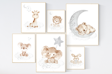 Nursery decor gender neutral, Nursery wall art animals, gray nursery, neutral, lion, bunny, bear