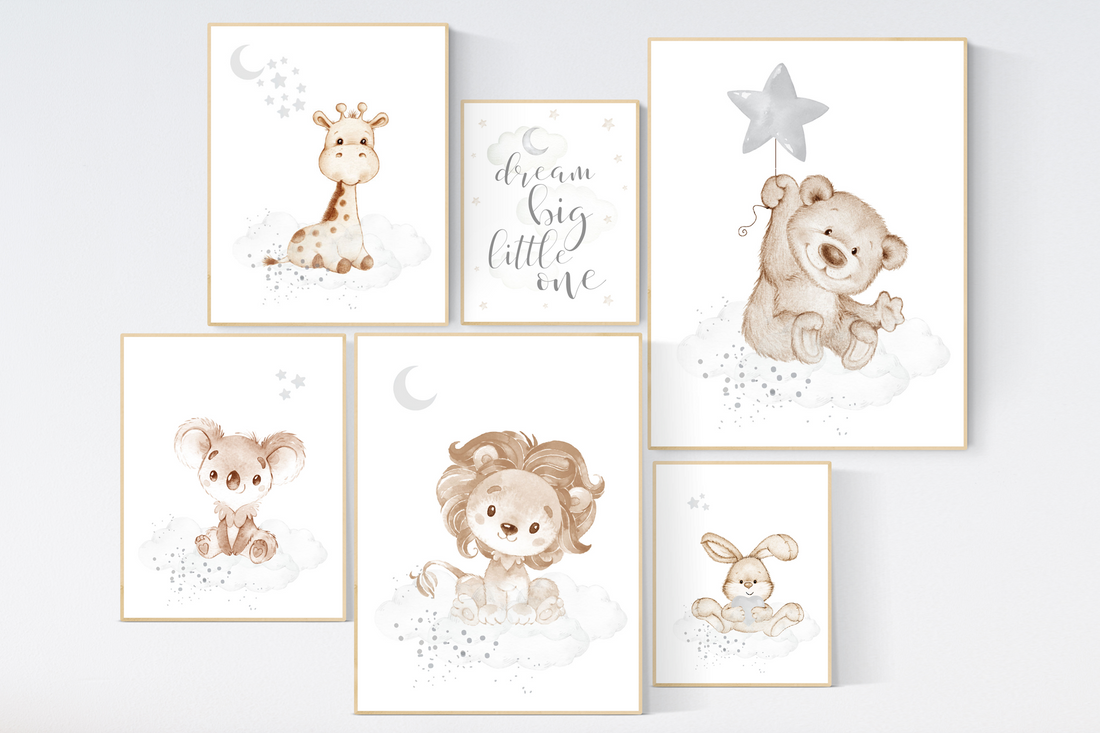 Nursery decor gender neutral, Nursery wall art animals, gray nursery, neutral, lion, bunny, bear