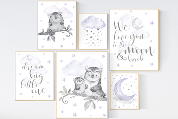 Owl Nursery Decor girl, purple nursery, owl print nursery, Baby girl room, nursery prints owl, lilac