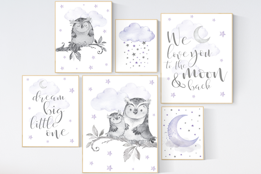 Owl Nursery Decor girl, purple nursery, owl print nursery, Baby girl room, nursery prints owl, lilac