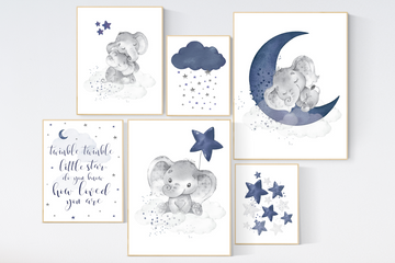 Nursery decor boy elephant, navy nursery wall art, twinkle twinkle little star, boys room wall art
