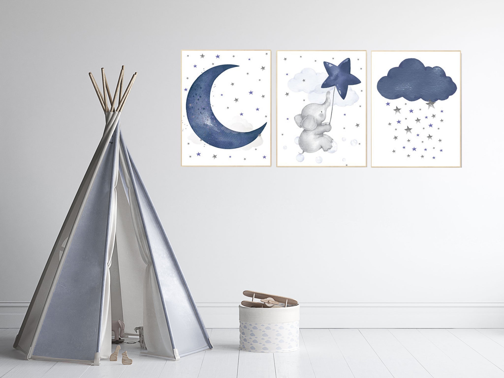 Nursery decor elephant, navy nursery decor, cloud and stars, moon and ...