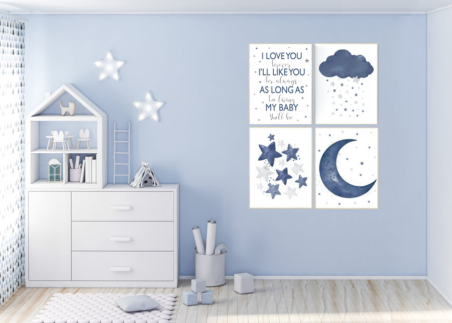 Nursery decor boy, navy nursery wall art boy, moon and stars, navy blue, navy nursery set