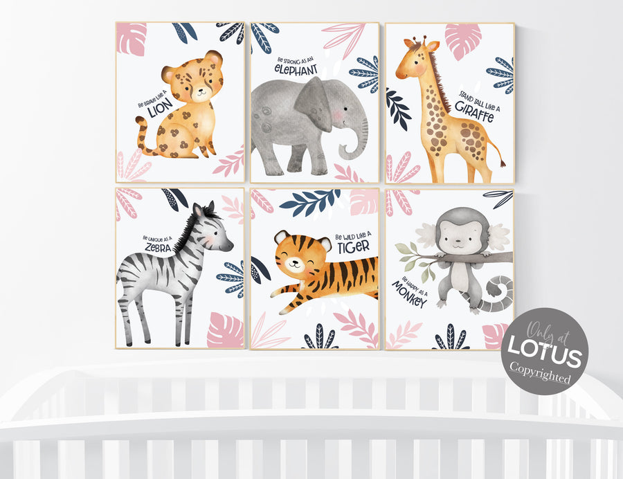 Safari nursery decor, nursery wall art animals, pink navy, safari nursery prints