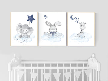 Nursery decor animals, elephant, bunny, giraffe, animal nursery prints, navy blue nursery, baby room