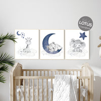 Nursery decor elephant and giraffe, animal nursery prints, navy nursery