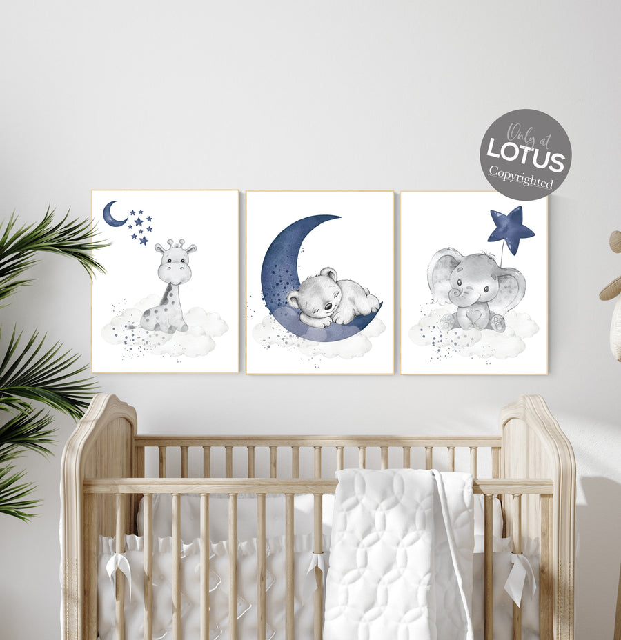 Nursery decor elephant and giraffe, animal nursery prints, navy nursery