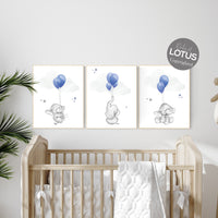 Nursery decor boy elephant, navy nursery wall art, elephant balloon print, navy blue