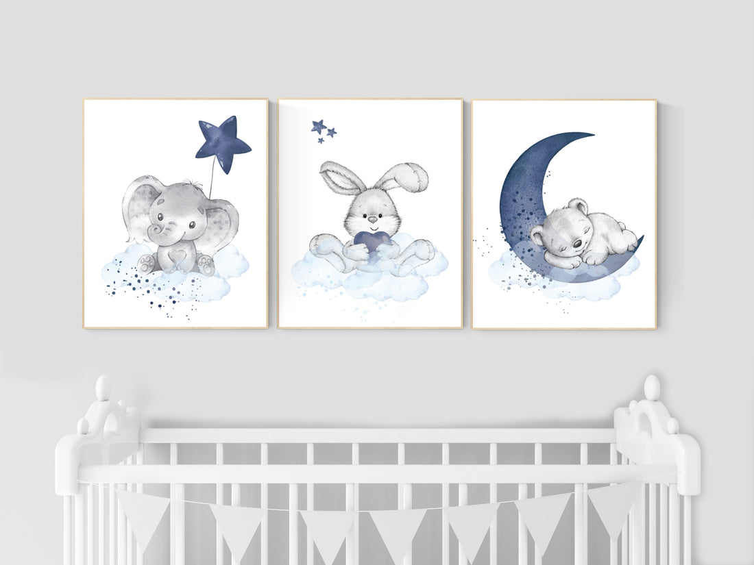 Nursery decor animals, elephant, bunny, bear, animal nursery prints, navy blue nursery, baby room
