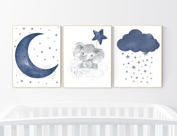 Navy nursery decor, moon and stars, navy blue nursery art. baby room wall art, boy nursery decor