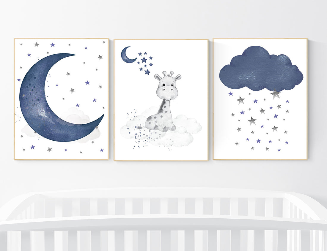 Navy nursery decor giraffe, moon and stars, navy blue nursery art. baby room wall art, boy nursery
