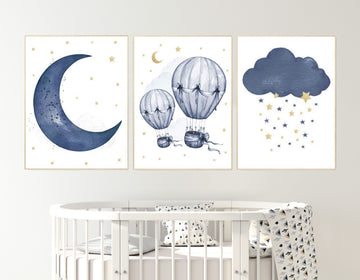 Nursery decor boy, Navy gold, cloud moon and stars nursery, hot air balloon, baby boy nursery idea