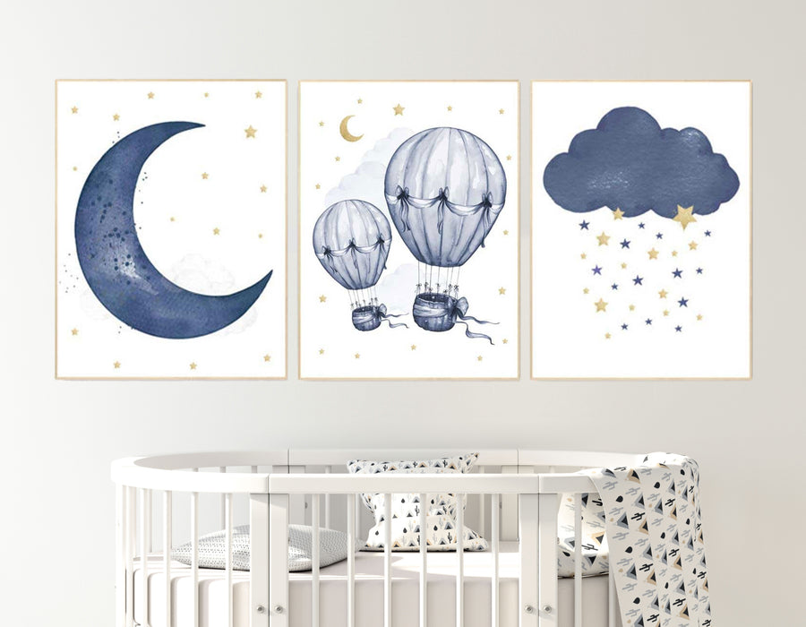 Nursery decor boy, Navy gold, cloud moon and stars nursery, hot air balloon, baby boy nursery idea