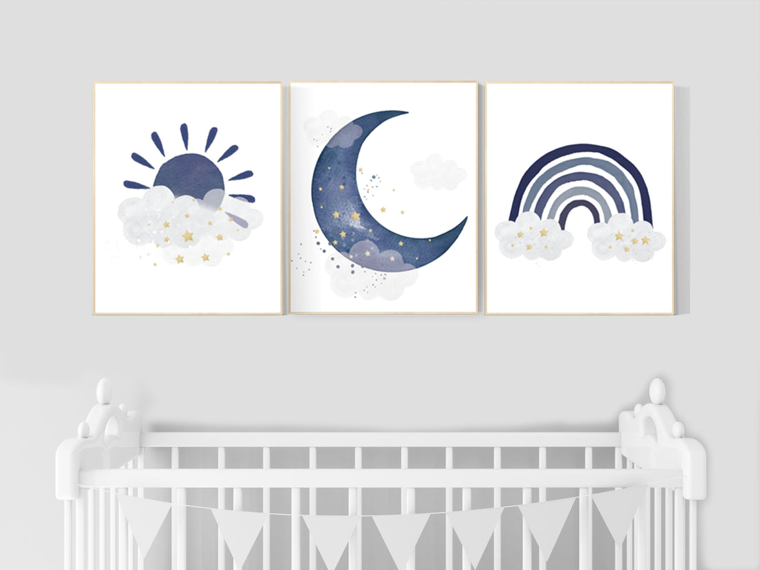 Navy nursery decor, boy nursery wall decor, rainbow nursery, cloud and stars, moon and stars, navy