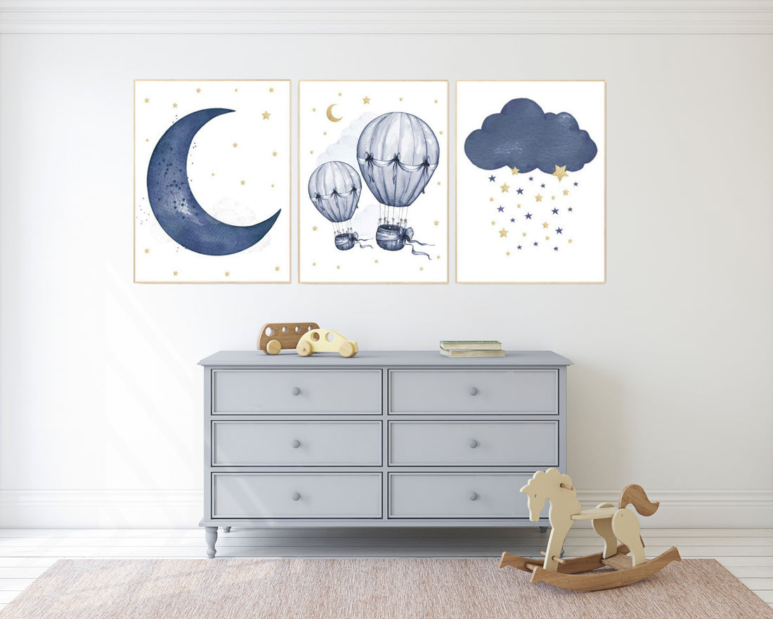 Nursery decor boy, Navy gold, cloud moon and stars nursery, hot air balloon, baby boy nursery idea