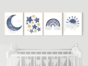 Navy gold nursery decor, boy nursery decor, rainbow, moon and stars, navy and gold
