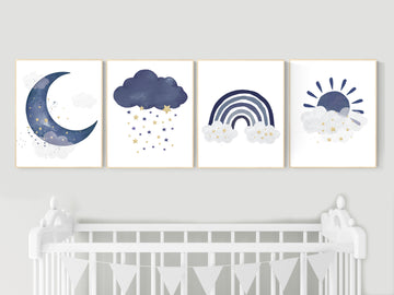 Navy gold nursery decor, boy nursery decor, rainbow, moon and stars, navy and gold, boy nursery art