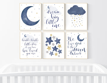 Nursery decor navy silver gold, moon and stars, navy blue, moon, cloud and stars, navy gold nursery