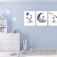 Navy nursery decor, panda nursery, moon and stars, navy blue nursery art, baby room wall art