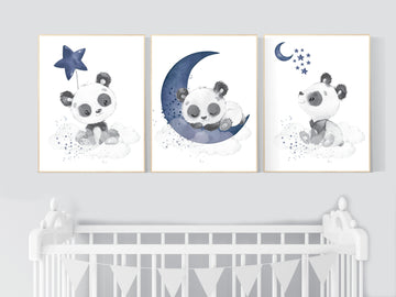 Navy nursery decor, panda nursery, moon and stars, navy blue nursery art, baby room wall art