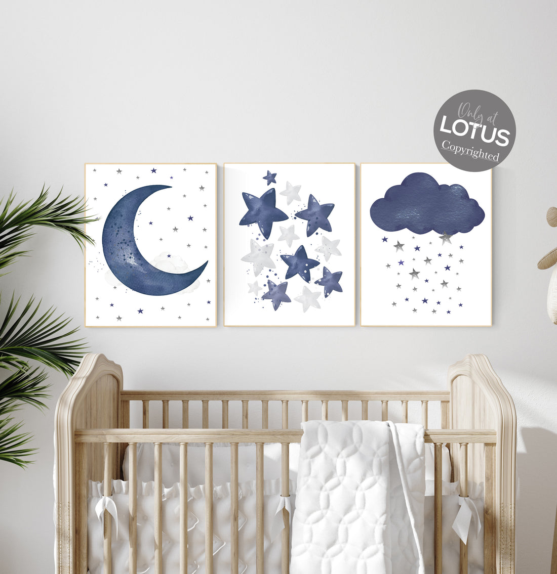 Navy nursery decor, cloud and stars, moon and stars, navy blue nursery art. baby room wall art