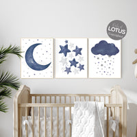 Navy nursery decor, cloud and stars, moon and stars, navy blue nursery art. baby room wall art