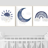 Navy nursery decor, cloud and stars, rainbow nursery, moon and stars, navy blue, gold nursery art