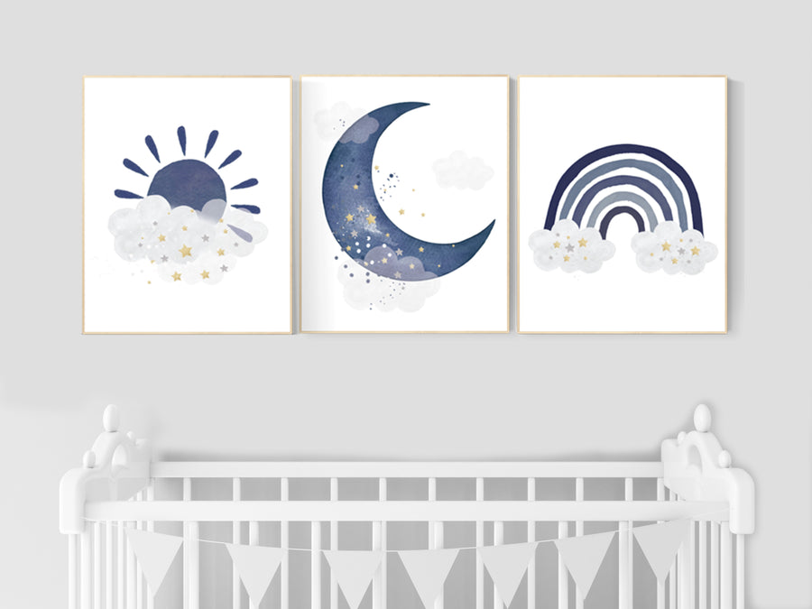 Navy nursery decor, cloud and stars, rainbow nursery, moon and stars, navy blue, gold nursery art