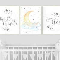 Twinkle twinkle little star, nursery decor neutral, cloud and stars, baby room art, moon nursery