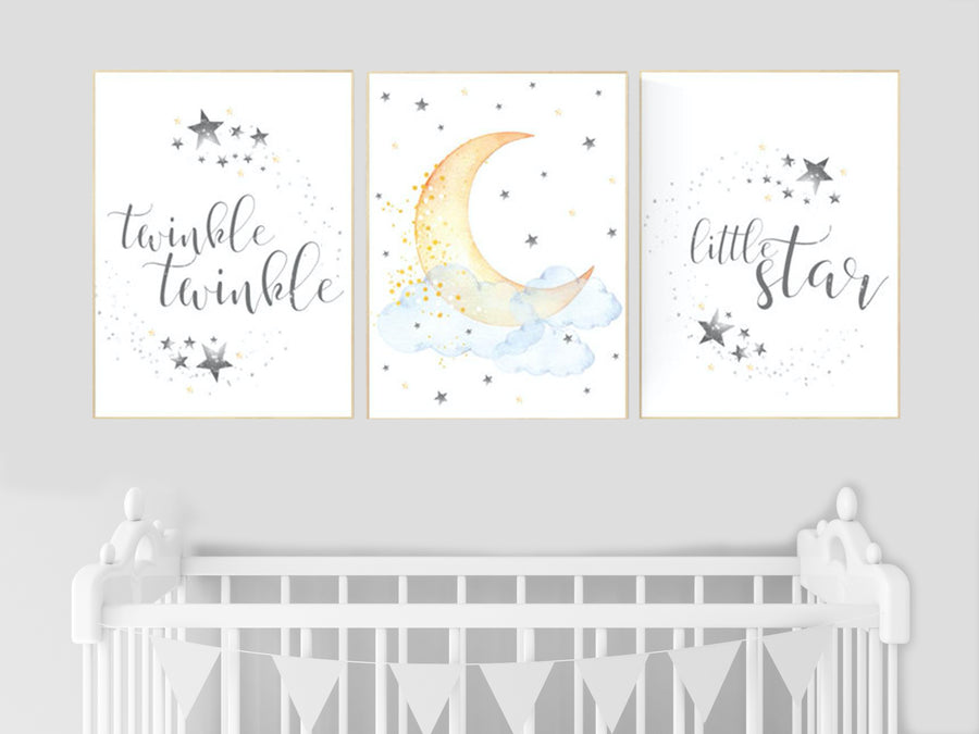 Twinkle twinkle little star, nursery decor neutral, cloud and stars, baby room art, moon nursery