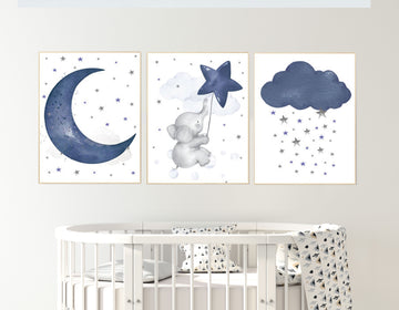 Nursery decor elephant, navy nursery decor, cloud and stars, moon and stars, navy blue nursery art. baby room wall art, elephant nursery