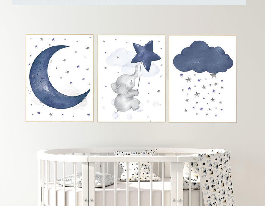 Nursery decor elephant, navy nursery decor, cloud and stars, moon and stars, navy blue nursery art. baby room wall art, elephant nursery