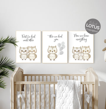 Owl nursery wall art, grey nursery, first we had each other then we had you