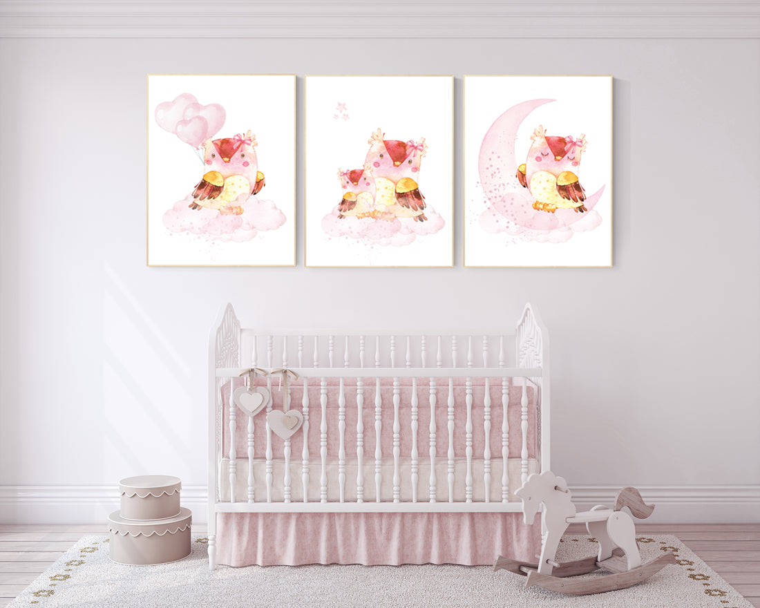 Nursery decor girl owl, nursery wall decor pink, owl nursery art, nursery wall art, owls nursery art