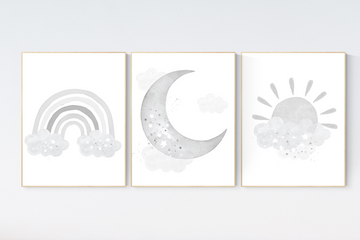 Nursery wall art grey, gray nursery, nursery decor neutral, baby room decor gender neutral, moon