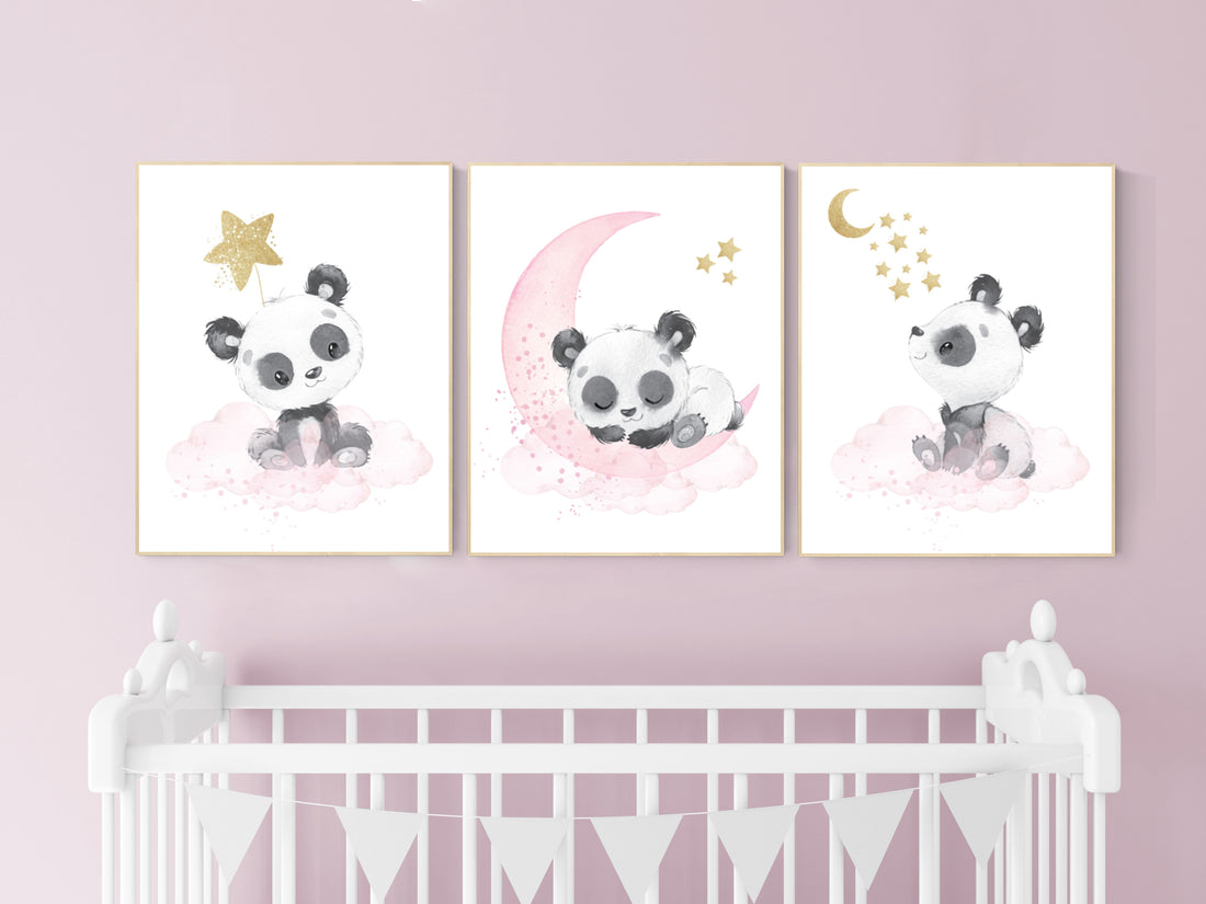 Nursery decor girl, panda nursery, pink and gold nursery wall art, panda nursery print, nursery