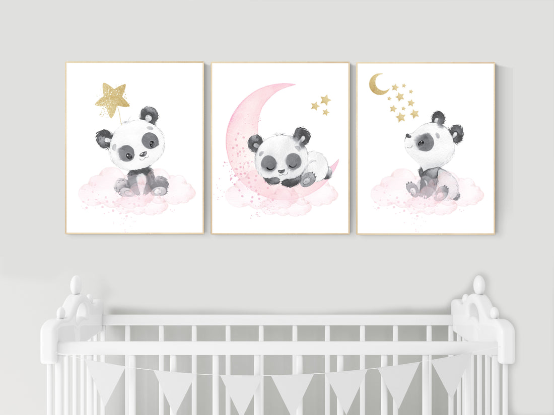 Nursery decor girl, panda nursery, pink and gold nursery wall art, panda nursery print, nursery