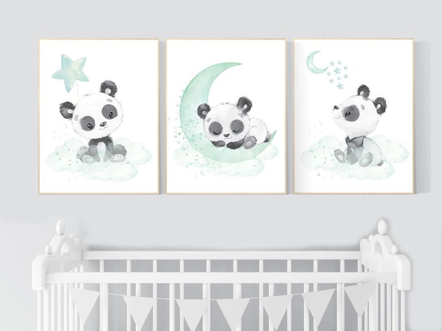 Panda nursery, mint nursery decor, gender neutral prints, mint nursery wall art, panda prints