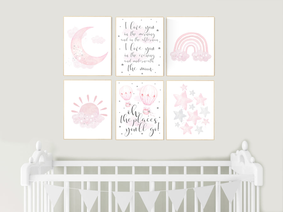 Nursery prints girl, pink grey, rainbow, moon and star, cloud, sun, baby room decor, girl nursery