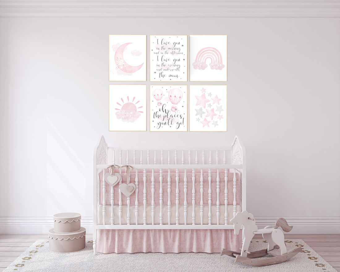 Nursery prints girl, pink grey, rainbow, moon and star, cloud, sun, baby room decor, girl nursery