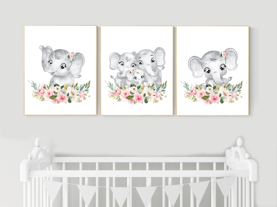 Nursery decor girl boho, elephant nursery wall art, nursery decor girl floral, nursery decor girl