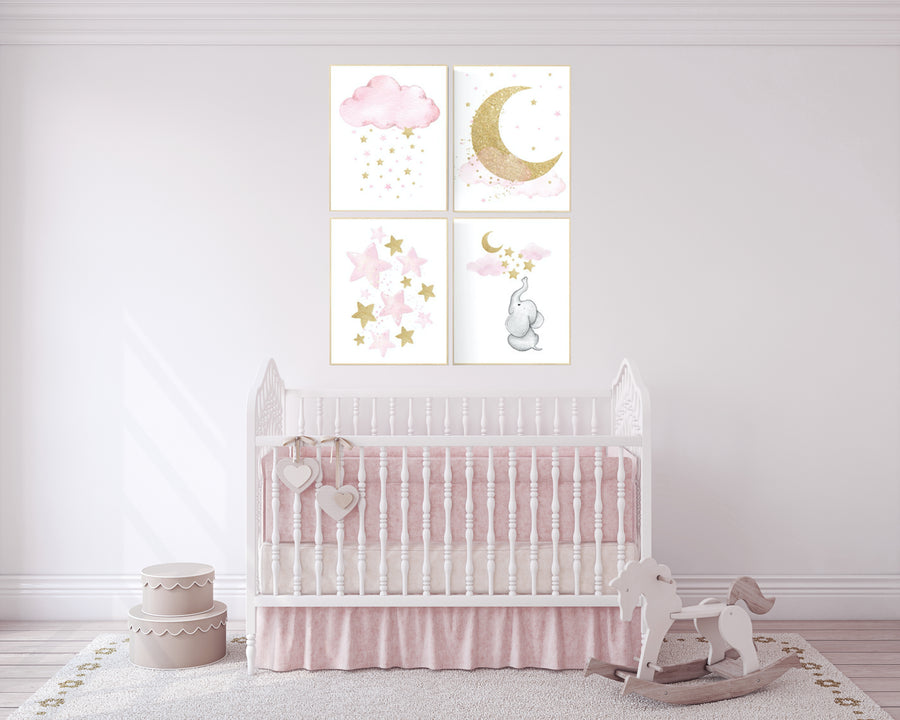 Pink and gold nursery, Nursery decor girl elephant, cloud, moon and stars, girl nursery ideas