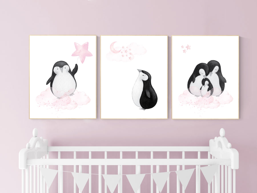 Penguin nursery, pink nursery wall art, girl nursery, baby room wall art, nursery wall art penguin
