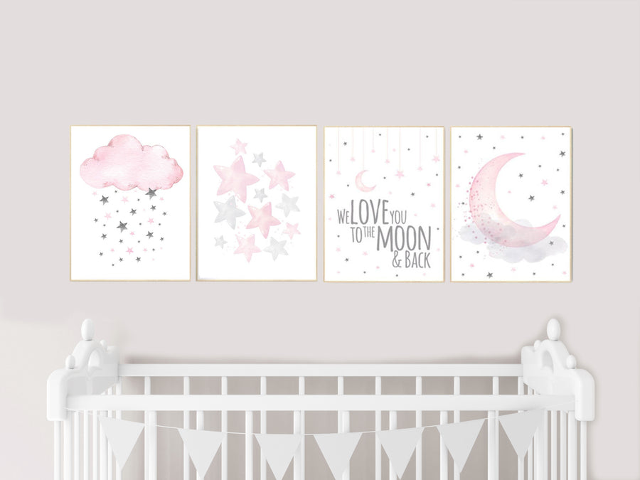 Nursery decor girl, pink grey nursery prints, Nursery wall art girl, we love you to the moon