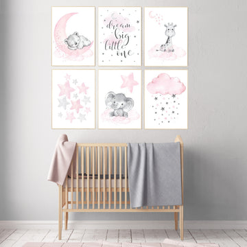 Nursery decor girl animals, pink grey nursery decor, elephant, bear, giraffe, girl nursery ideas, girl nursery room, stars, cloud, moon