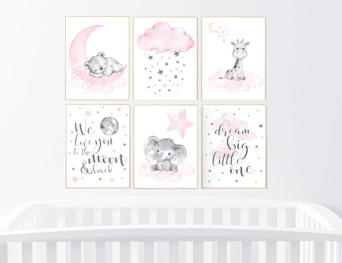 Nursery decor girl elephant, giraffe, bear, pink grey nursery, pink gray, cloud, moon, stars