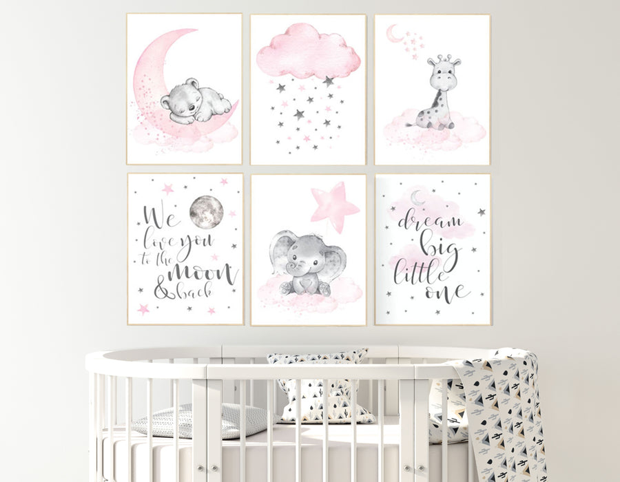 Nursery decor girl elephant, giraffe, bear, pink grey nursery, pink gray, cloud, moon, stars