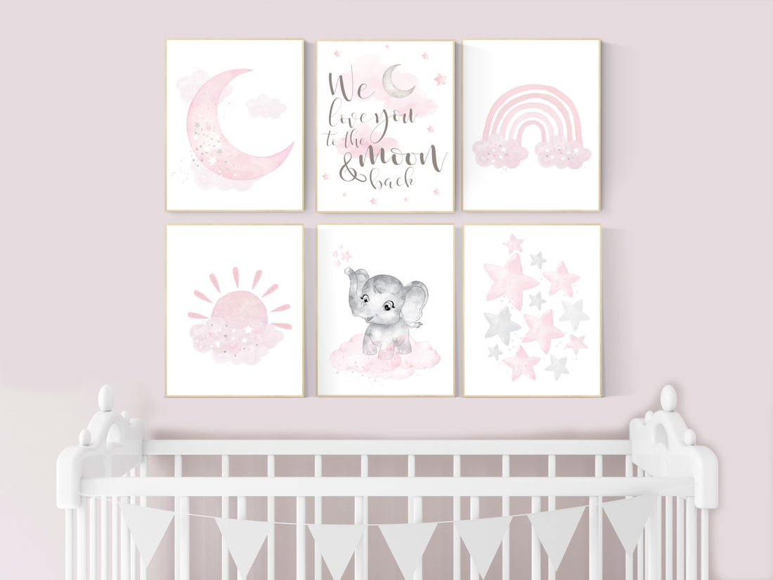 Nursery decor girl pink and gray, pink grey nursery, moon and star, girl nursery wall art