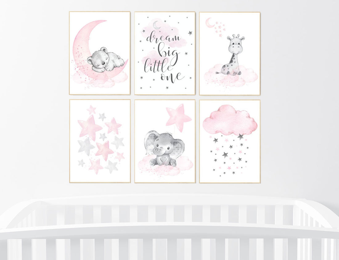 Nursery decor girl animals, pink grey nursery decor, elephant, bear, giraffe, girl nursery ideas, girl nursery room, stars, cloud, moon